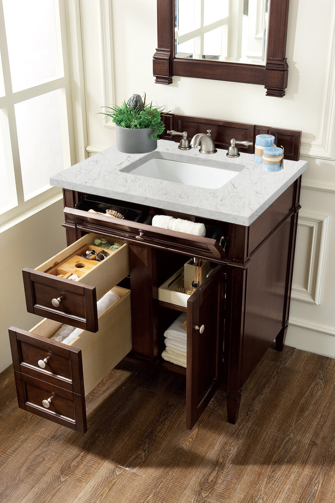Renovate for Less Atlanta Brittany 30" Single Vanity, Burnished Mahogany, w/ 3 CM Eternal Jasmine Pearl Silestone Top