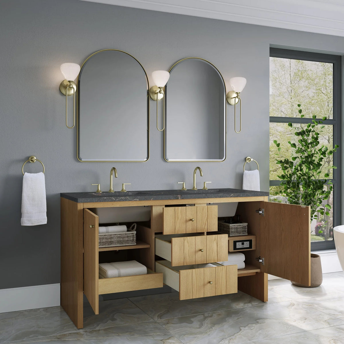 Hudson 60" Double Vanity, Light Natural Oak w/ 3 CM Parisien Bleu Top w/FreePower Wireless Charger