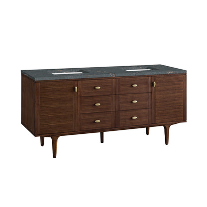 Renovate for Less Atlanta Amberly 72" Double Vanity, Mid-Century Walnut w/ 3 CM Parisien Bleu Top w/FreePower Wireless Charger