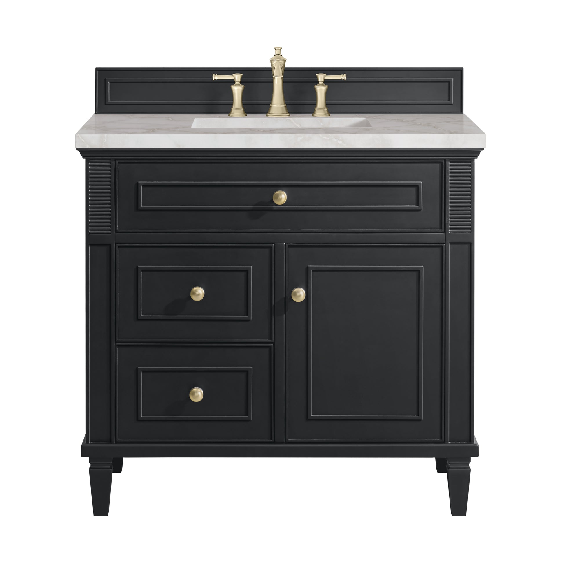 Renovate for Less Atlanta Lorelai 36" Single Vanity, Black Onyx w/ 3 CM Victorian Silver Silestone Top