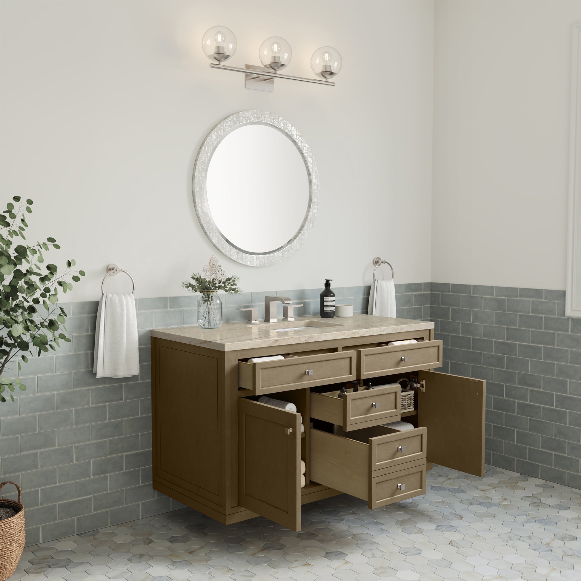 Renovate for Less Atlanta Chicago 48" Single Vanity, Walnut Whisper, w/ 3 CM Tajnar Eclos Top w/FreePower Wireless Charger