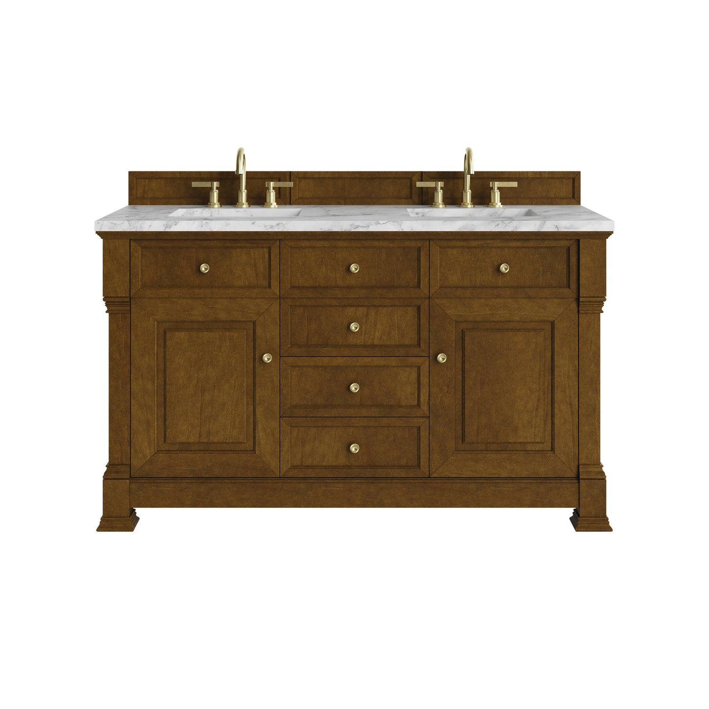 Renovate for Less Atlanta Brookfield 60" Double Vanity, Honey Oak w/3 CM Carrara White Marble Top