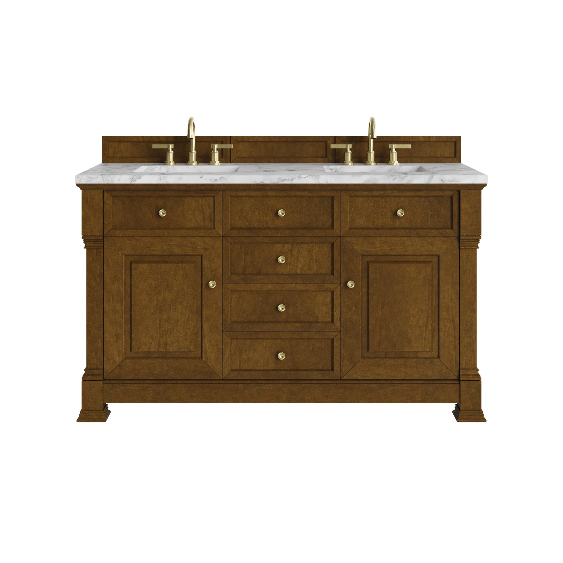 Renovate for Less Atlanta Brookfield 60" Double Vanity, Honey Oak w/3 CM Carrara White Marble Top