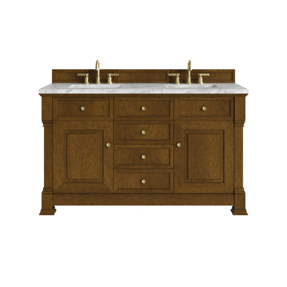 Renovate for Less Atlanta Brookfield 60" Double Vanity, Honey Oak w/3 CM Carrara White Marble Top