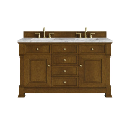 Brookfield 60" Double Vanity, Honey Oak w/3 CM Carrara White Marble Top