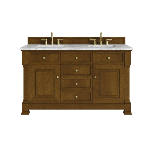 Brookfield 60" Double Vanity, Honey Oak w/3 CM Carrara White Marble Top