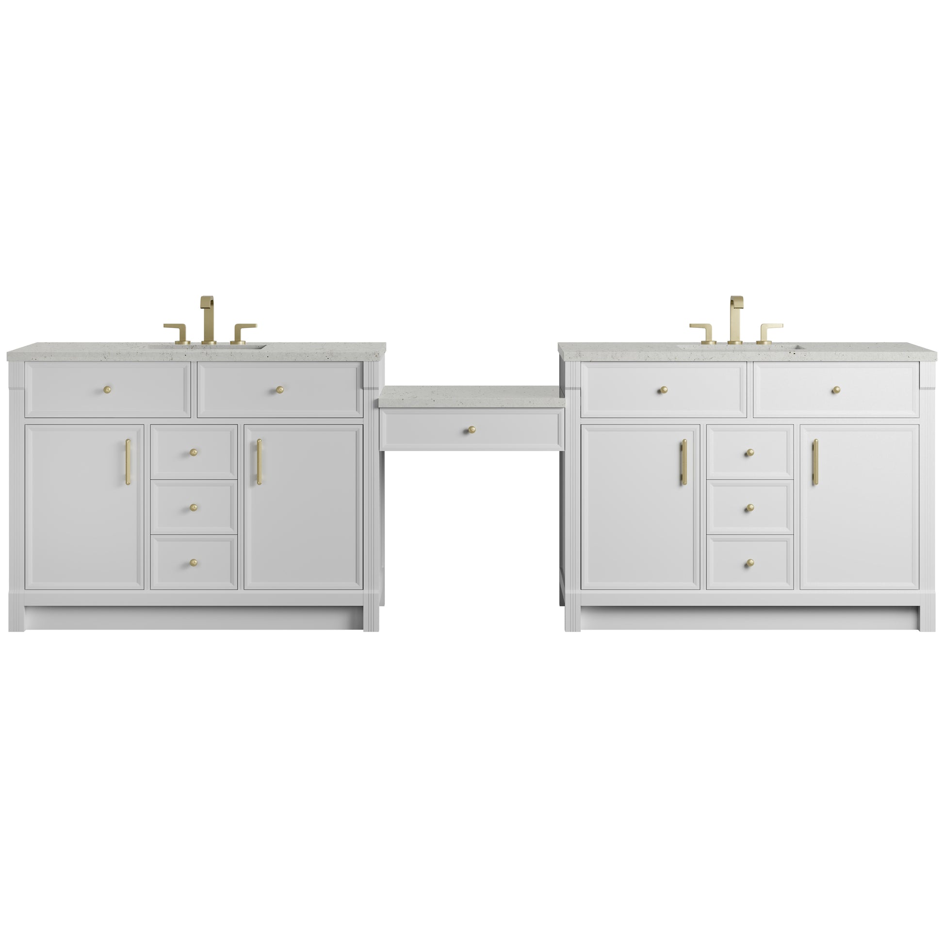 Renovate for Less Atlanta Bellshire 120" Dual Vanity Set with 24" Make-Up Counter, Bright White w/3 cm Lime Delight Silestone Top