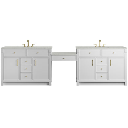 Renovate for Less Atlanta Bellshire 120" Dual Vanity Set with 24" Make-Up Counter, Bright White w/3 cm Lime Delight Silestone Top