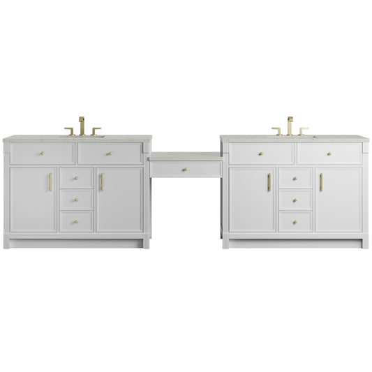Renovate for Less Atlanta Bellshire 120" Dual Vanity Set with 24" Make-Up Counter, Bright White w/3 cm Lime Delight Silestone Top