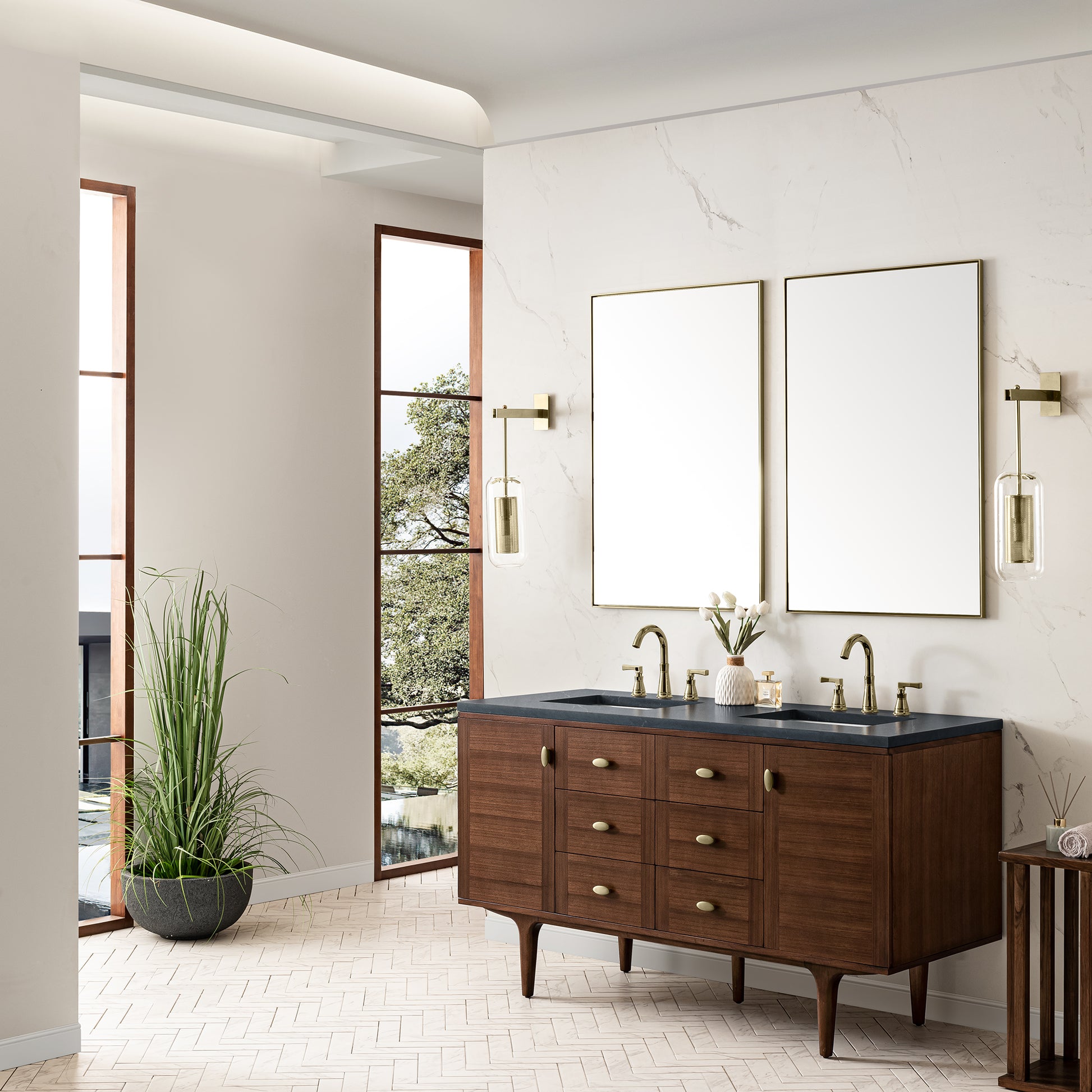 Renovate for Less Atlanta Amberly 60" Double Vanity, Mid-Century Walnut w/ 3 CM Charcoal Soapstone Top