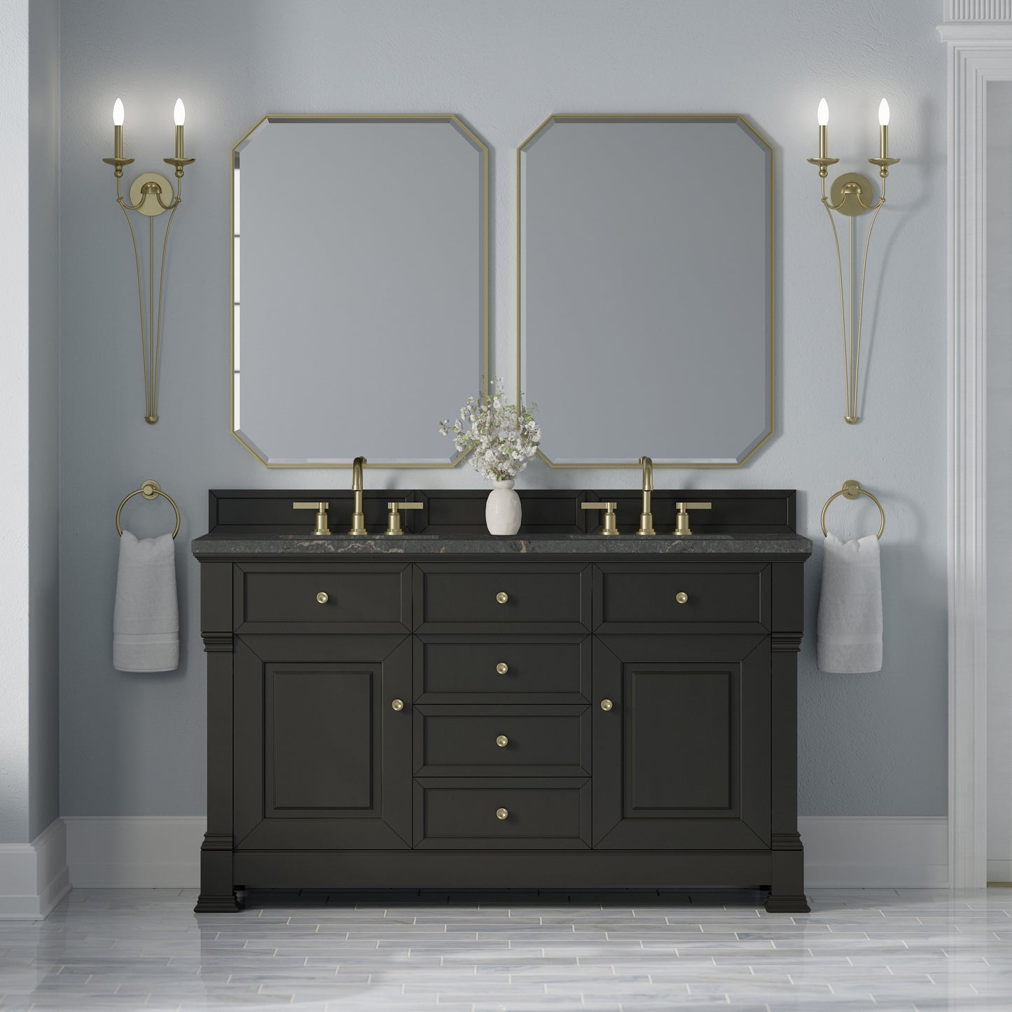 Renovate for Less Atlanta Brookfield 60" Double Vanity, Black Onyx w/ 3 CM Parisien Bleu Silestone Top w/FreePower Wireless Charger