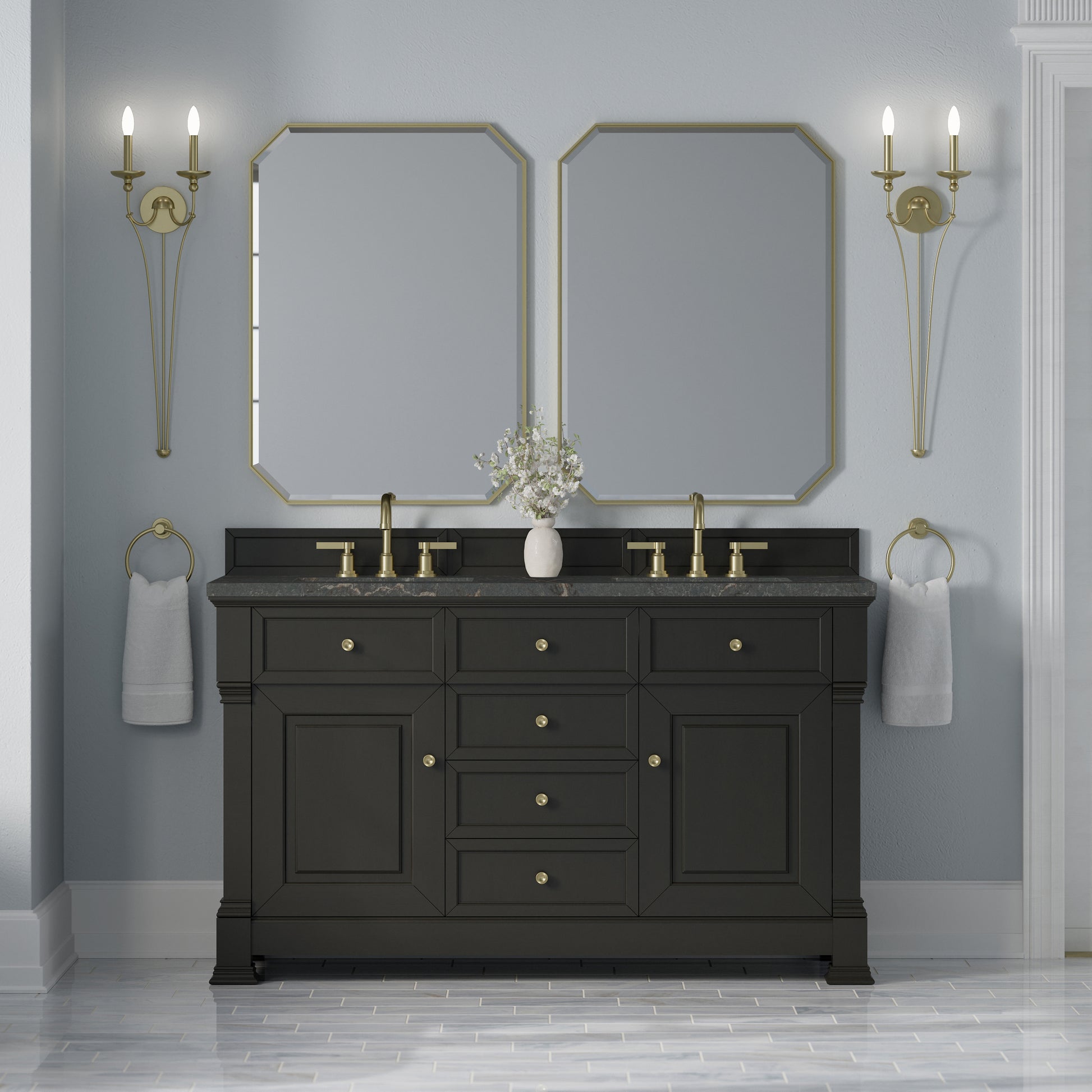 Renovate for Less Atlanta Brookfield 60" Double Vanity, Black Onyx w/ 3 CM Parisien Bleu Silestone Top w/FreePower Wireless Charger