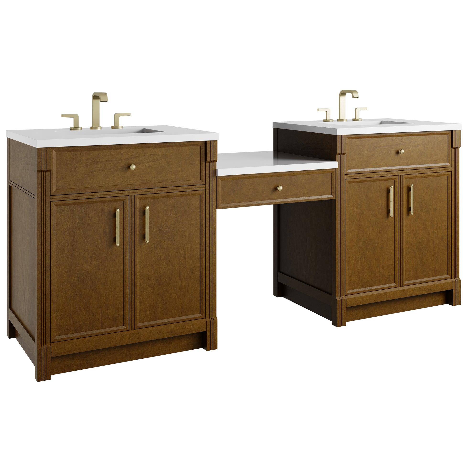Renovate for Less Atlanta Bellshire 84" Dual Vanity Set with 24" Make-Up Counter, Honey Oak w/3 cm White Zeus Silestone Top