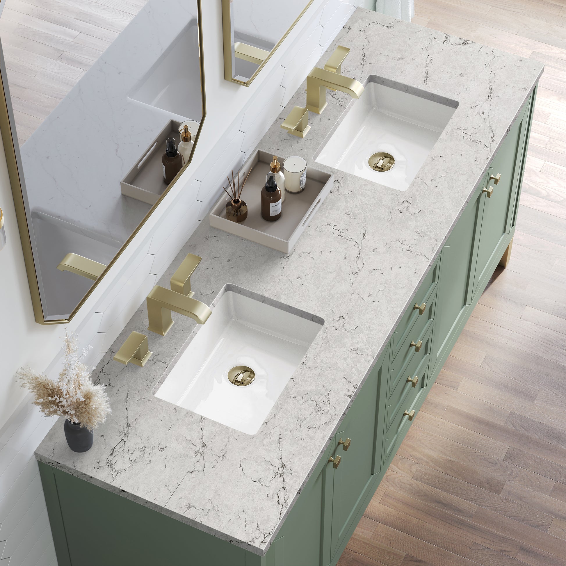 Renovate for Less Atlanta Chicago 72" Double Vanity, Smokey Celadon, w/ 3 CM Eternal Jasmine Pearl Silestone® Top