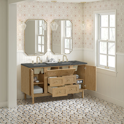 Renovate for Less Atlanta Laurent 60" Double Vanity, Light Natural Oak, w/ 3 CM Parisien Bleu Quartz Top w/FreePower Wireless Charger