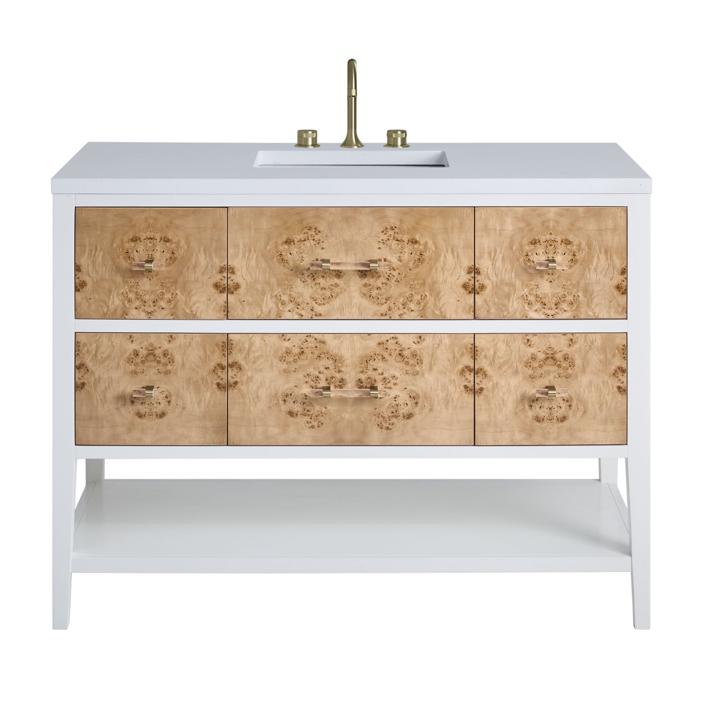 Renovate for Less Atlanta Olena 48" Single Vanity, Light Mappa Burl and Polished White w/ 3 CM White Zeus Silestone Top