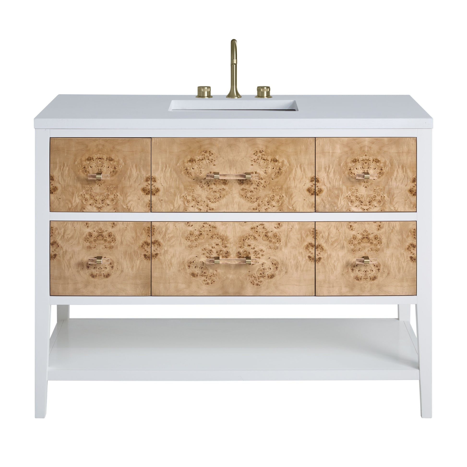 Renovate for Less Atlanta Olena 48" Single Vanity, Light Mappa Burl and Polished White w/ 3 CM White Zeus Silestone Top