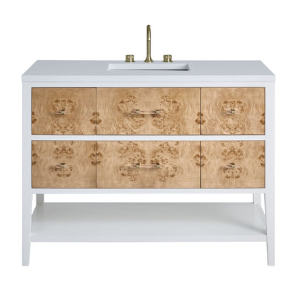 Renovate for Less Atlanta Olena 48" Single Vanity, Light Mappa Burl and Polished White w/ 3 CM White Zeus Silestone Top