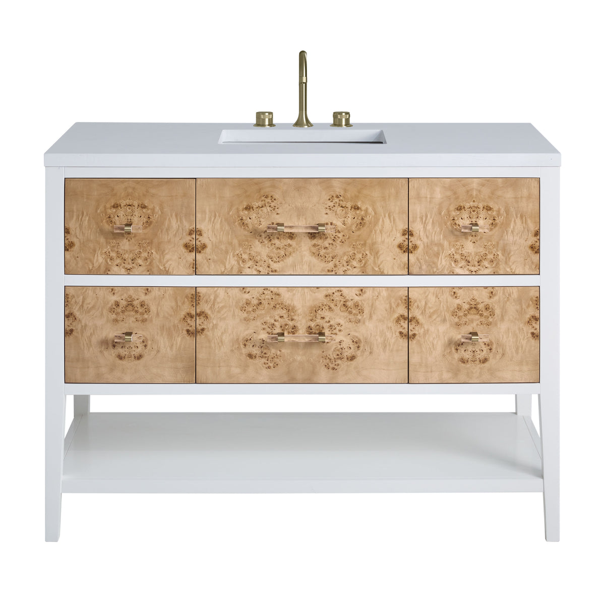 Renovate for Less Atlanta Olena 48" Single Vanity, Light Mappa Burl and Polished White w/ 3 CM White Zeus Silestone Top
