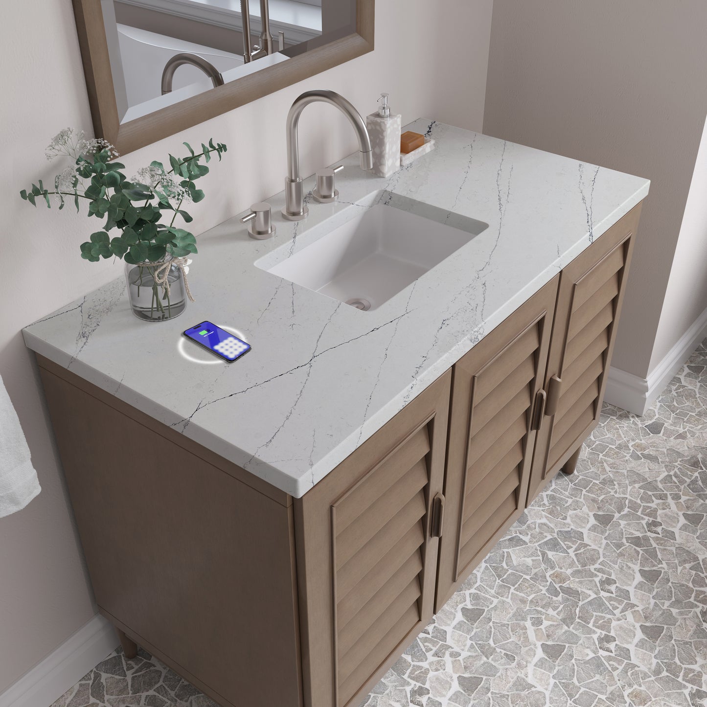 Renovate for Less Atlanta Portland 48" Single Vanity Whitewashed Walnut w/ 3 CM Ethereal Noctis Silestone Top w/FreePower Wireless Charger