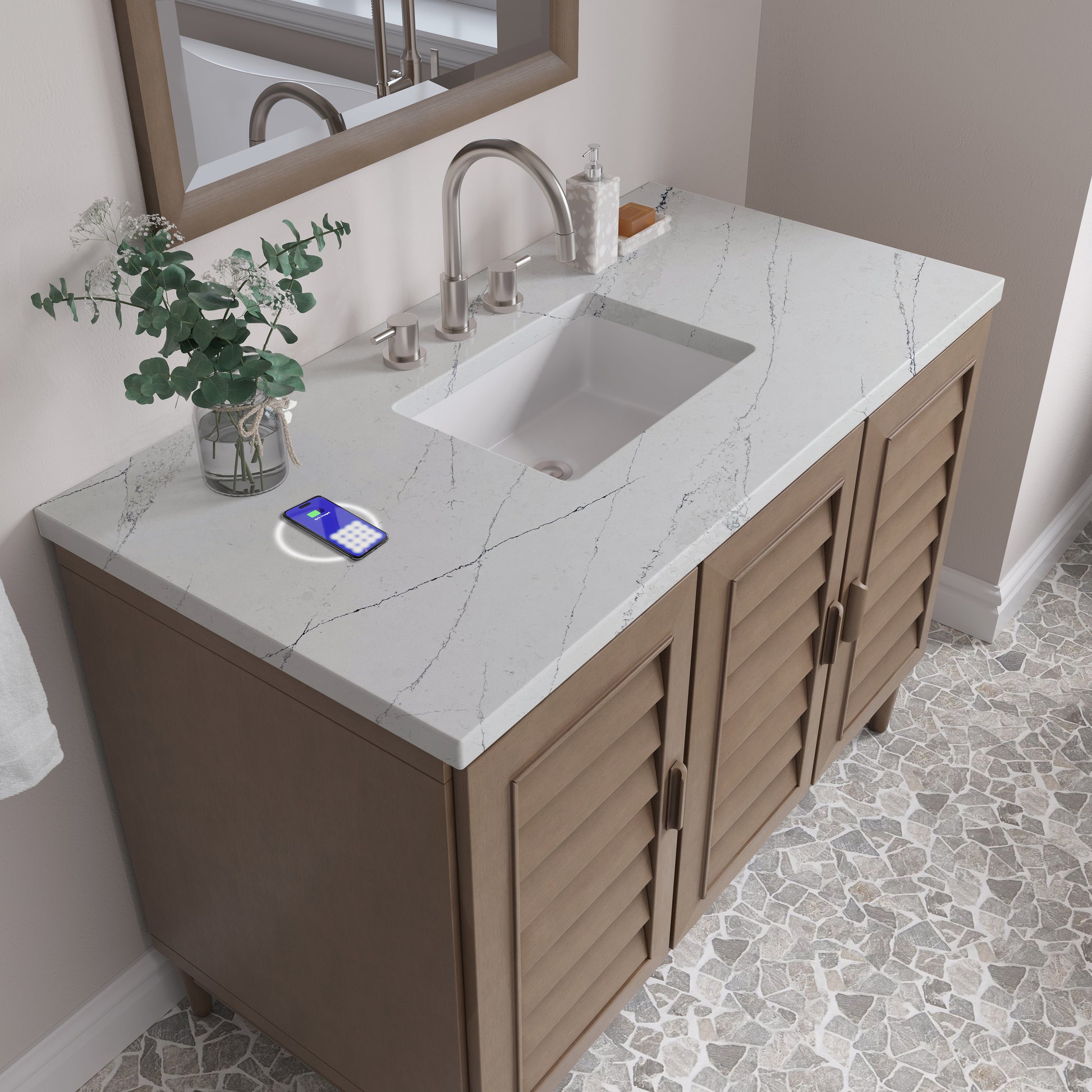 Renovate for Less Atlanta Portland 48" Single Vanity Whitewashed Walnut w/ 3 CM Ethereal Noctis Silestone Top w/FreePower Wireless Charger