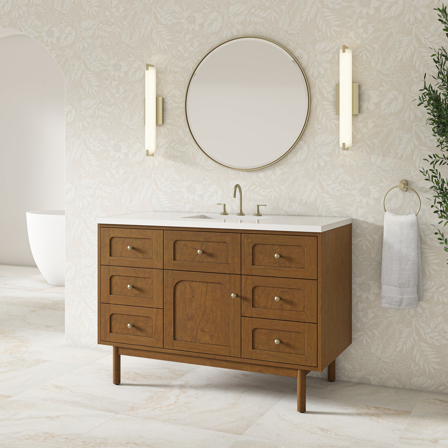 Renovate for Less Atlanta Laurent 48" Single Vanity, Honey Oak w/ 3 CM White Zeus Silestone Top