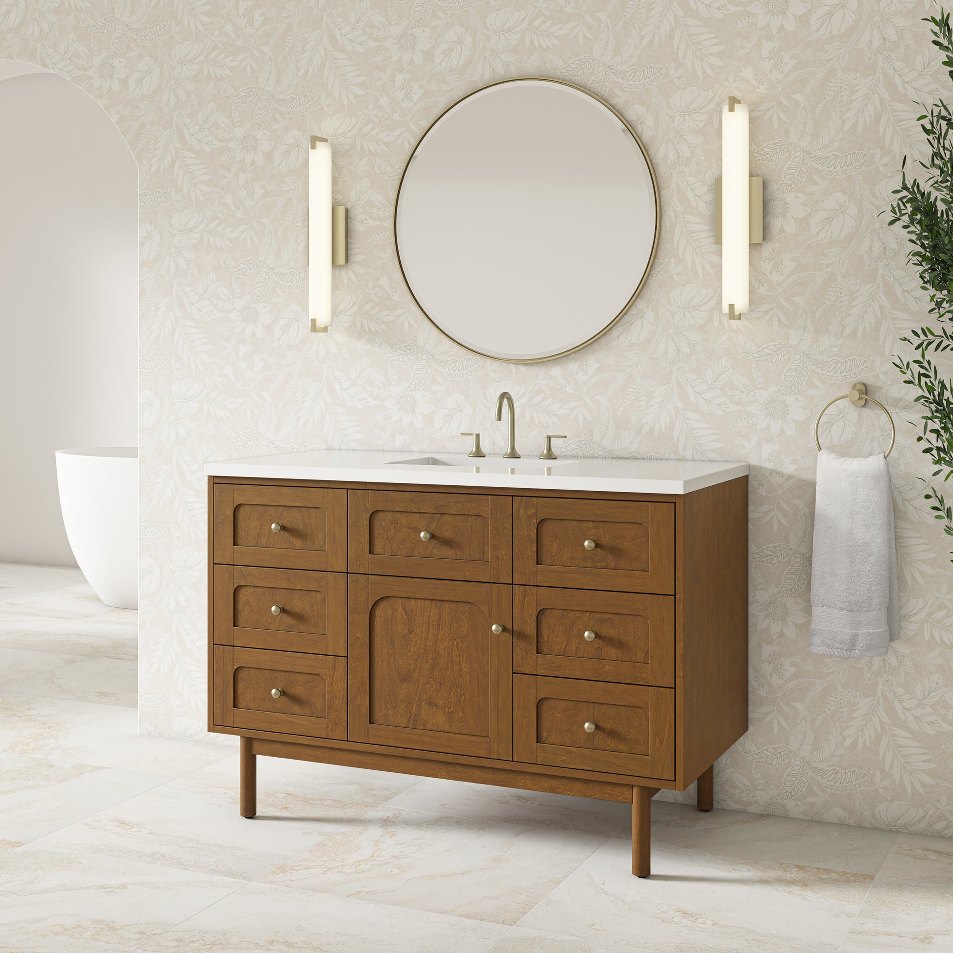 Renovate for Less Atlanta Laurent 48" Single Vanity, Honey Oak w/ 3 CM White Zeus Silestone Top