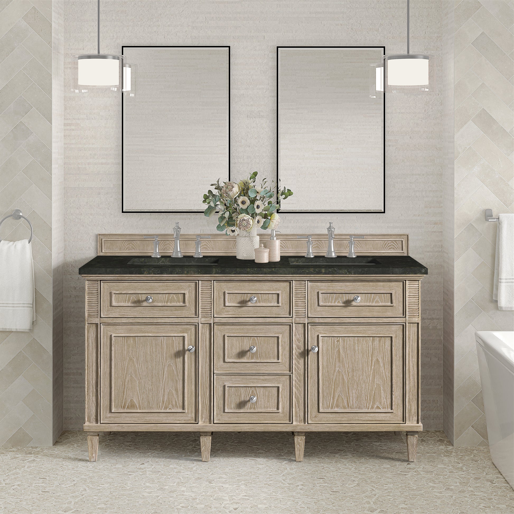 Renovate for Less Atlanta Lorelai 60" Double Vanity, Whitewashed Oak, w/ 3 CM Phantome Eclos Top