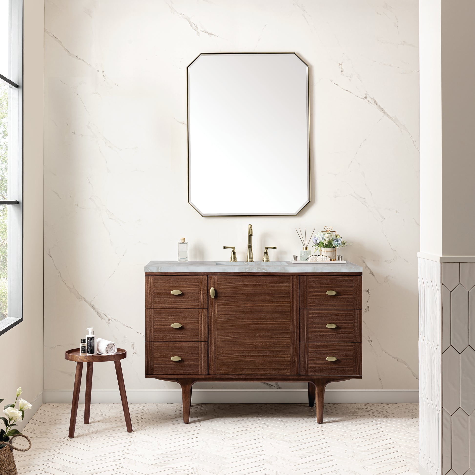 Renovate for Less Atlanta Amberly 48" Single Vanity, Mid-Century Walnut w/ 3 CM Victorian Silver Top w/FreePower Wireless Charger