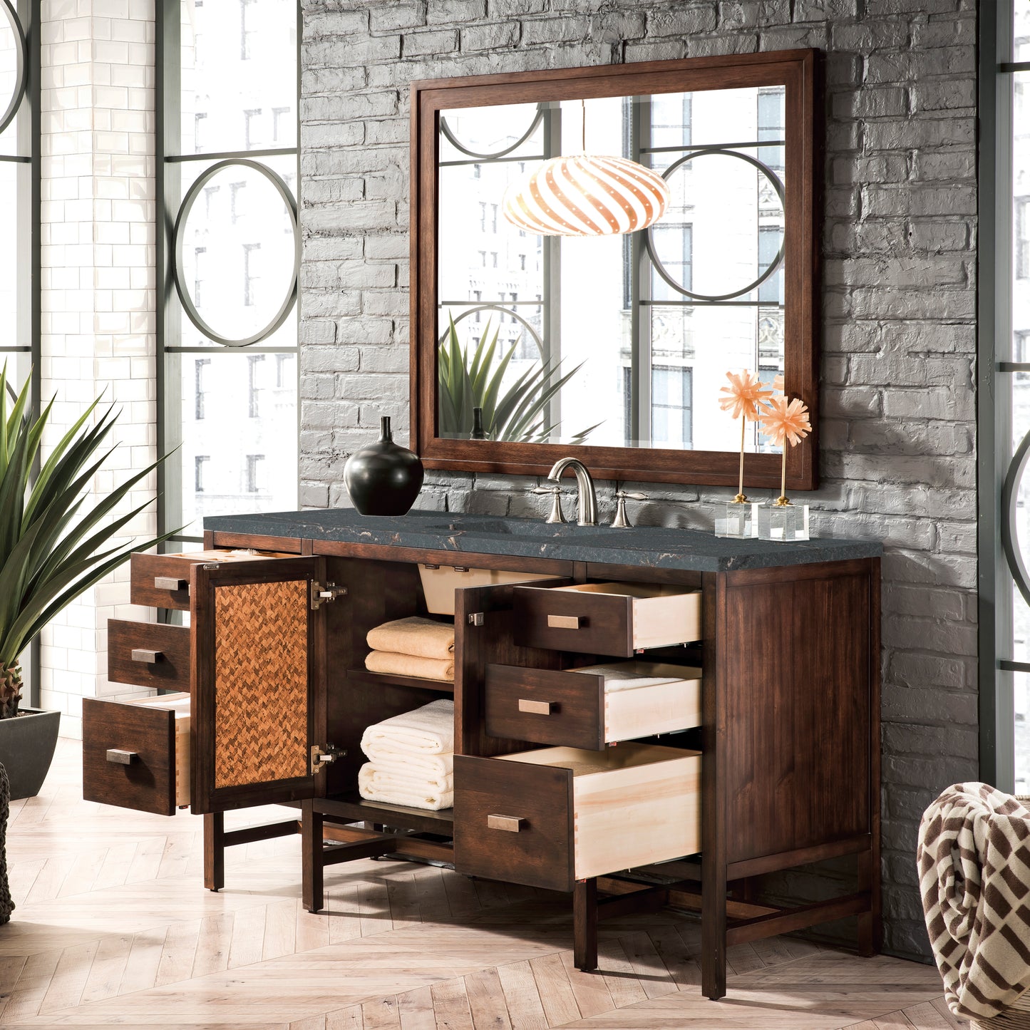 Renovate for Less Atlanta Addison 60" Single Vanity, Mid-Century Acacia w/ 3 CM Parisien Bleu Silestone Top