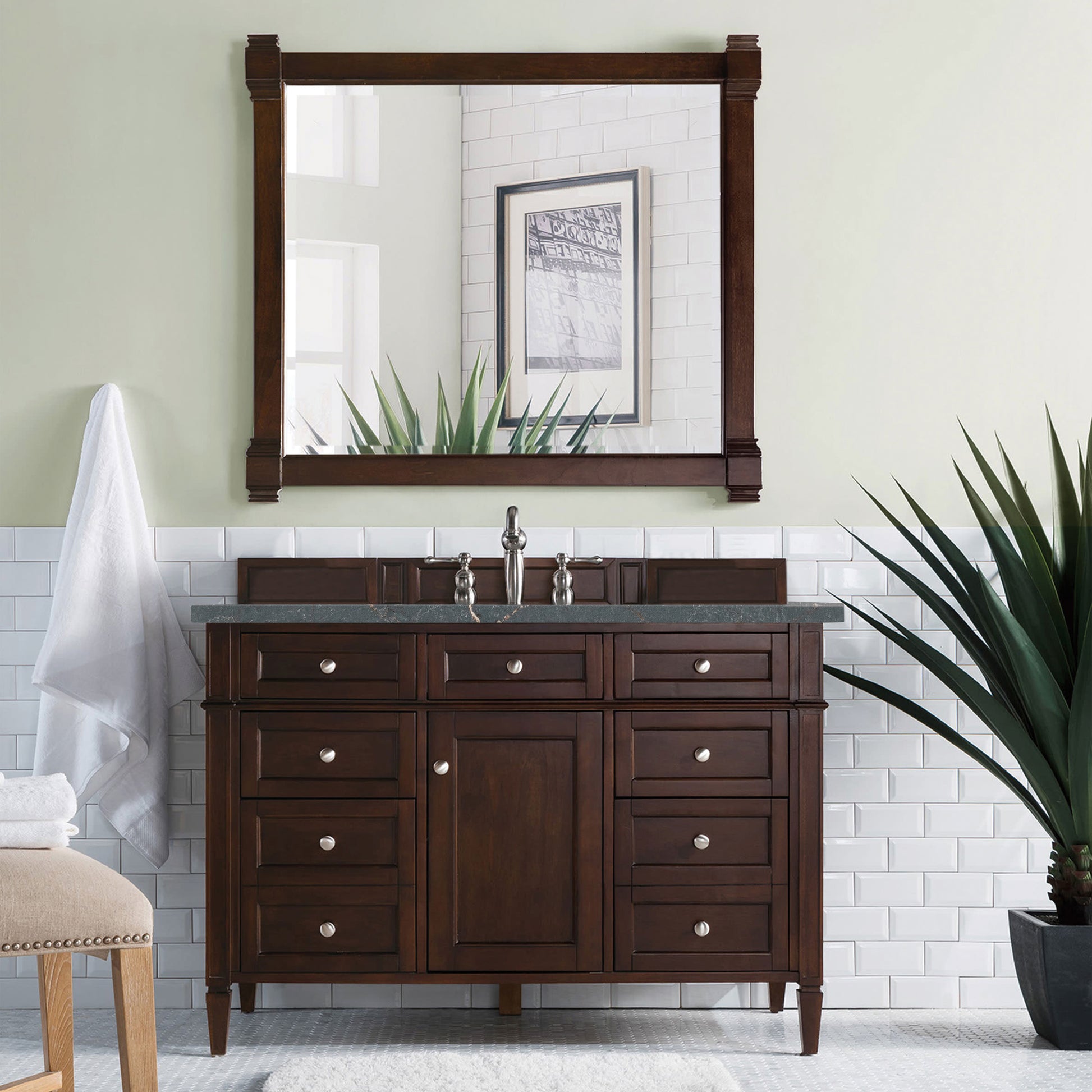 Renovate for Less Atlanta Brittany 48" Single Vanity, Burnished Mahogany w/ 3 CM Parisien Bleu Silestone Top w/FreePower Wireless Charger