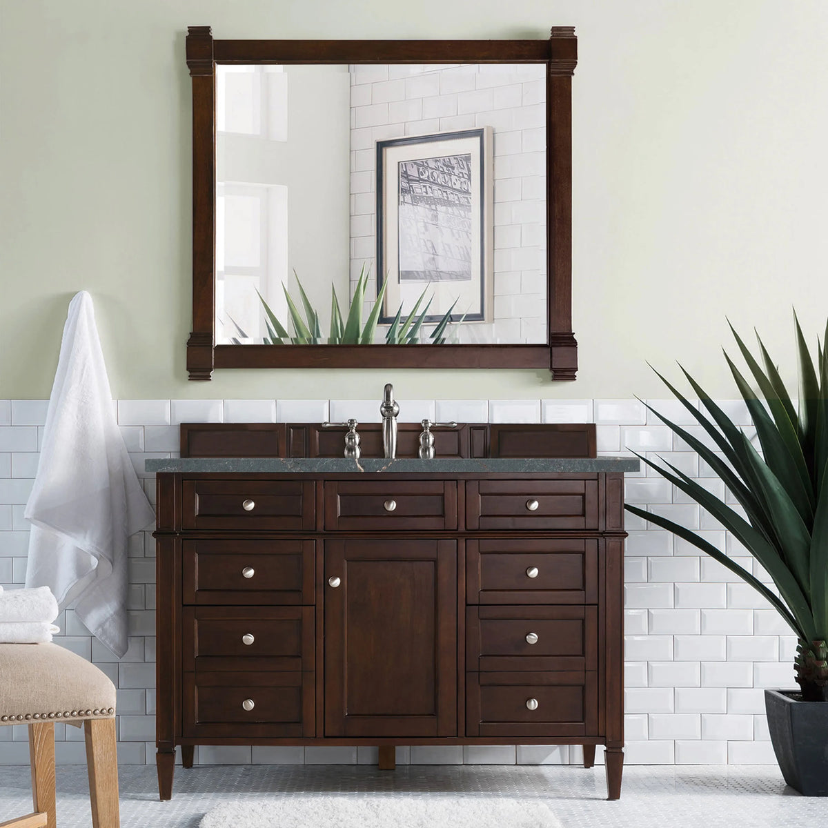 Brittany 48" Single Vanity, Burnished Mahogany w/ 3 CM Parisien Bleu Silestone Top w/FreePower Wireless Charger