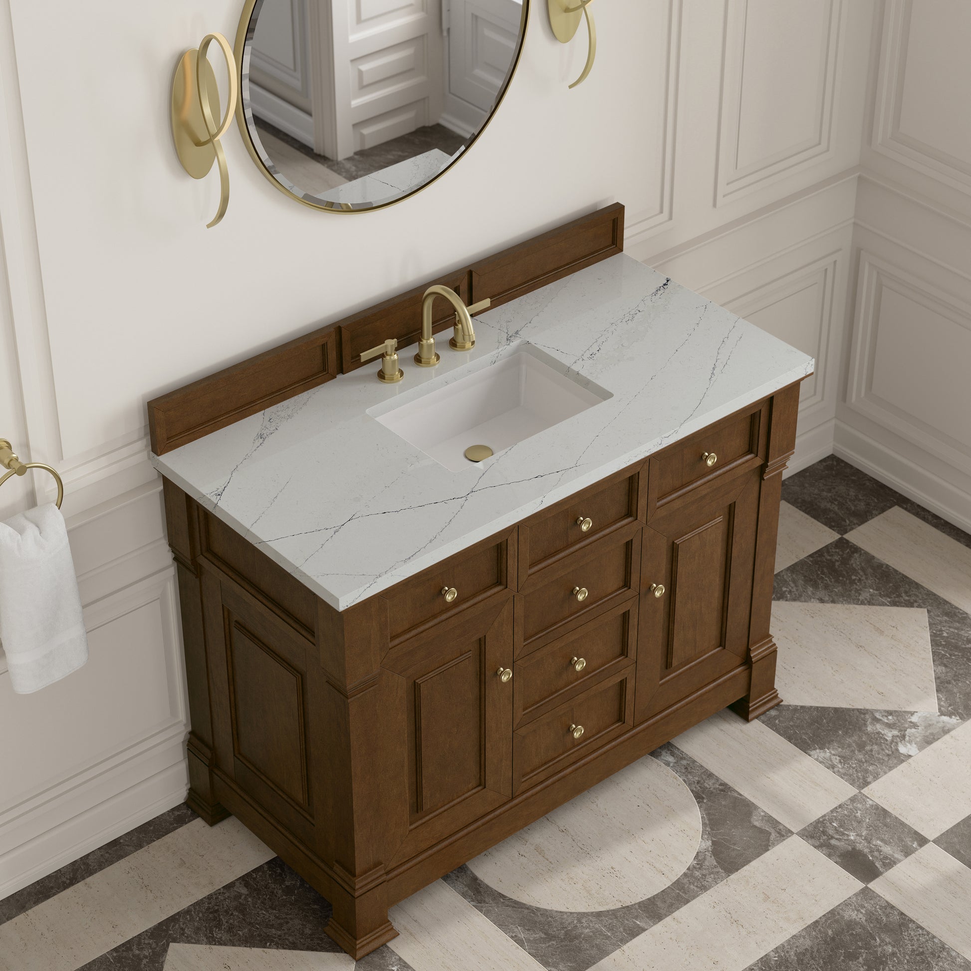 Renovate for Less Atlanta Brookfield 48" Single Vanity, Honey Oak w/ 3 CM Ethereal Noctis Silestone Top
