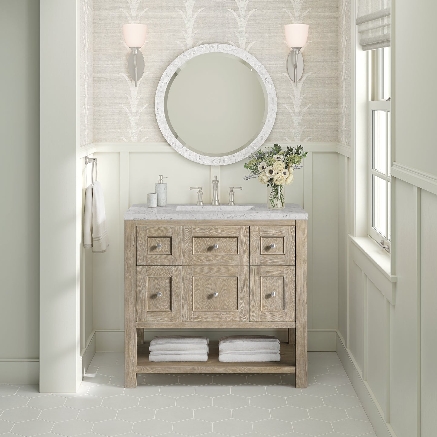 Renovate for Less Atlanta Breckenridge 36" Single Vanity, Whitewashed Oak w/ 3 CM Eternal Jasmine Pearl Silestone Top