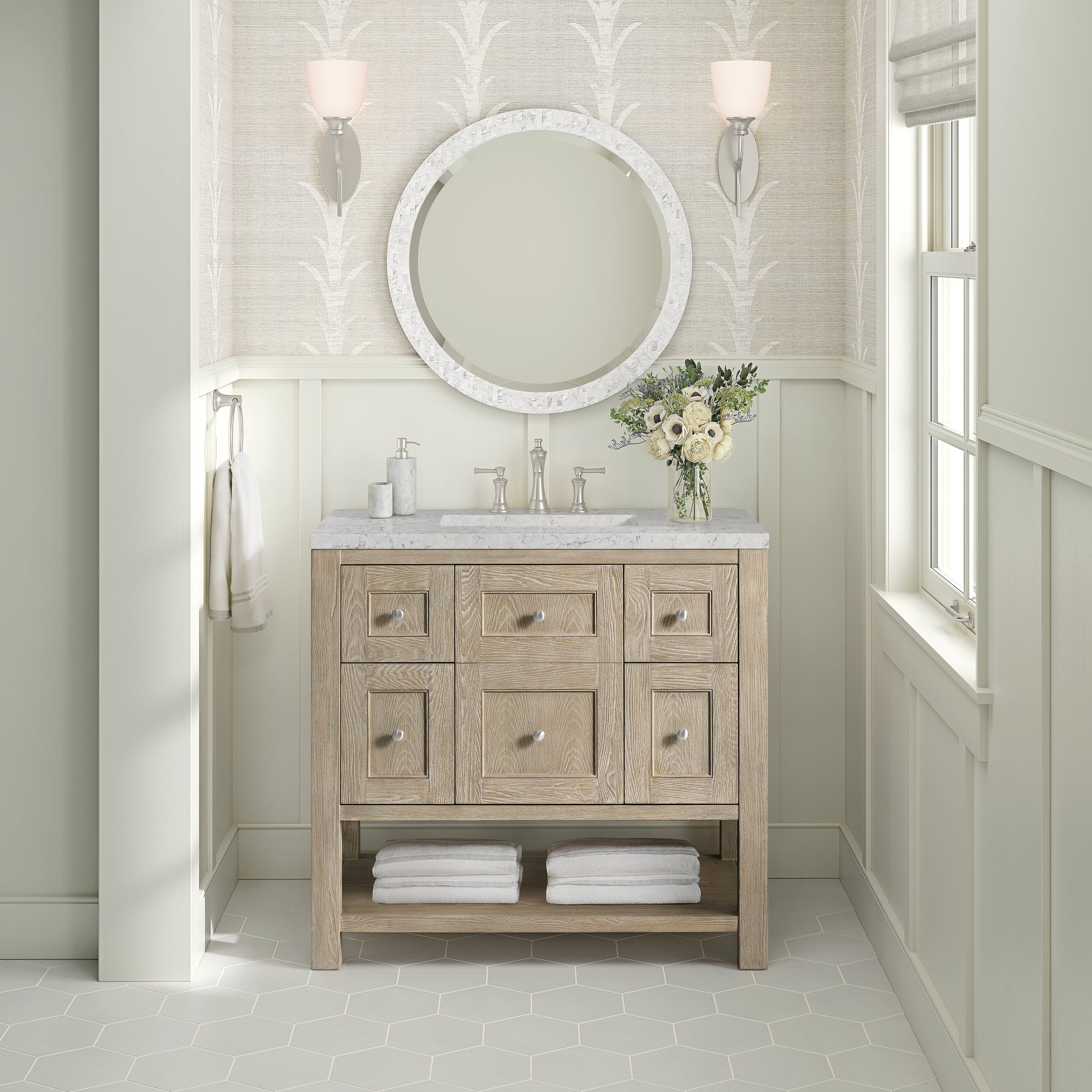 Renovate for Less Atlanta Breckenridge 36" Single Vanity, Whitewashed Oak w/ 3 CM Eternal Jasmine Pearl Silestone Top