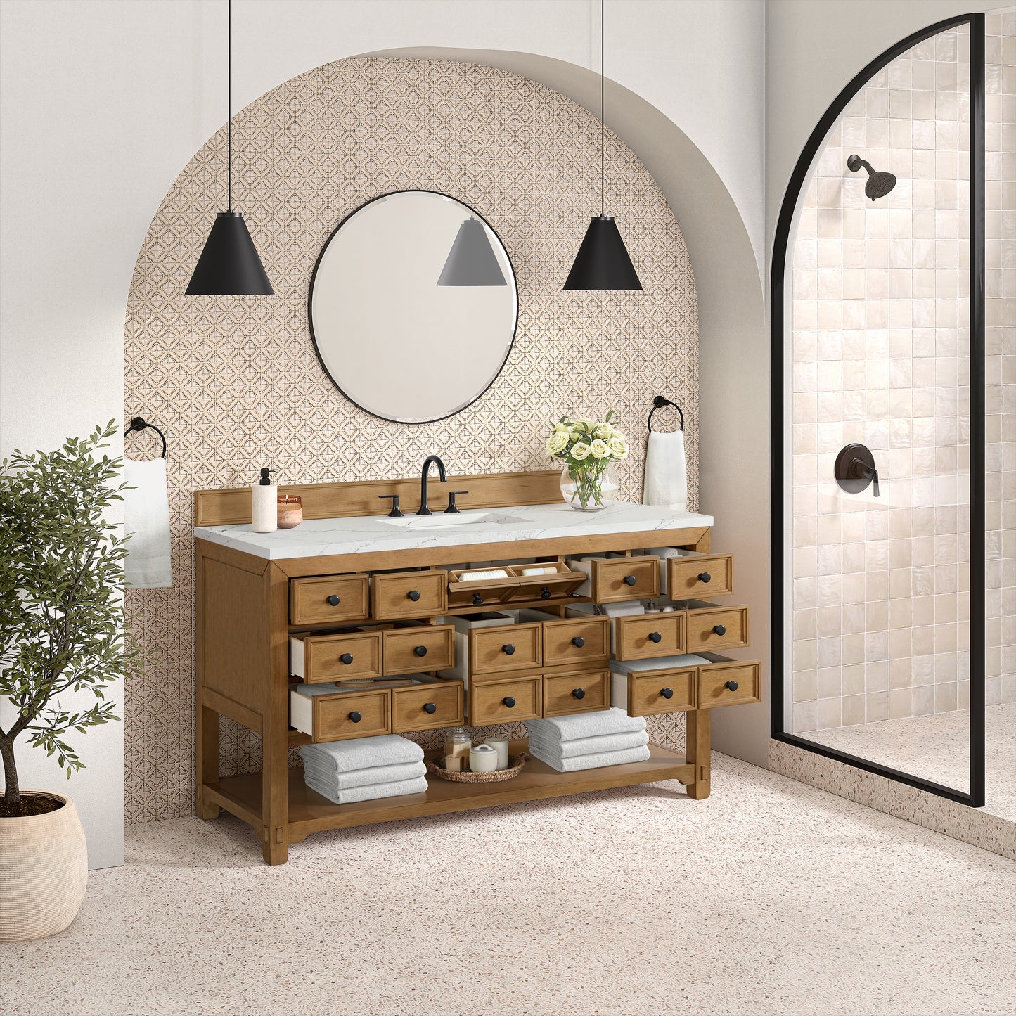 Renovate for Less Atlanta Malibu 60" Single Vanity, Amber Birch w/ 3 CM Ethereal Noctis Top