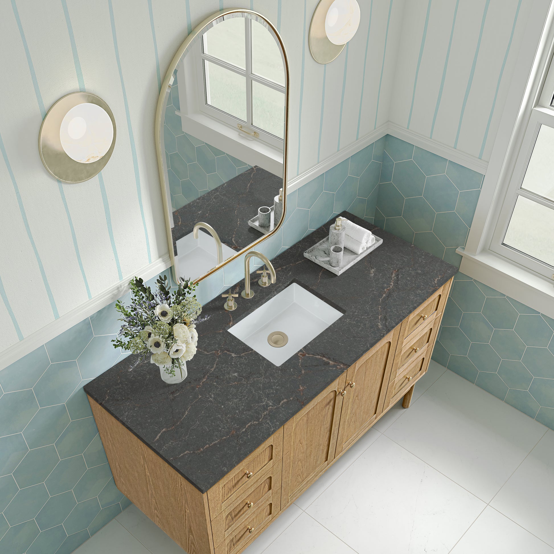 Renovate for Less Atlanta Laurent 60" Single Vanity, Light Natural Oak, w/ 3 CM Parisien Bleu Quartz Top