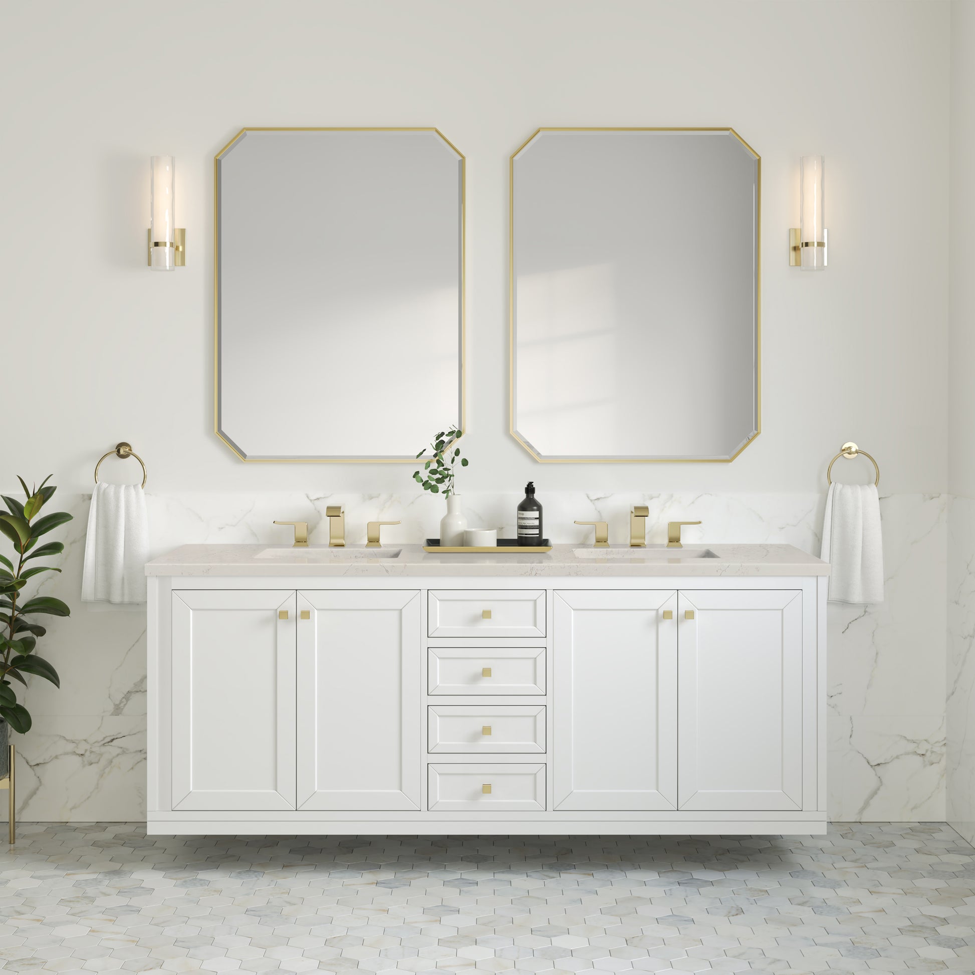 Renovate for Less Atlanta Chicago 72" Double Vanity, Glossy White, w/ 3 CM Siberian Silestone Top