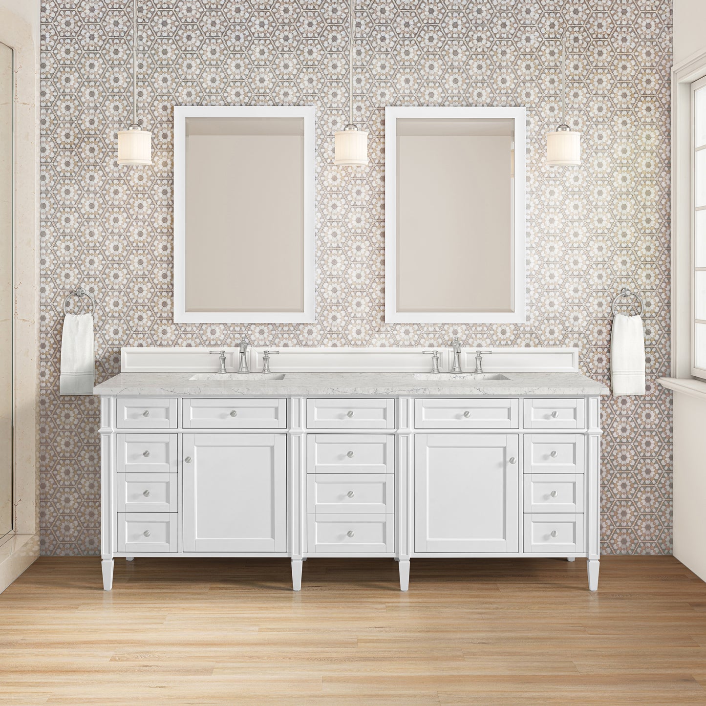 Renovate for Less Atlanta Brittany 84" Double Vanity, Bright White w/ 3 CM Eternal Jasmine Pearl Top w/FreePower Wireless Charger