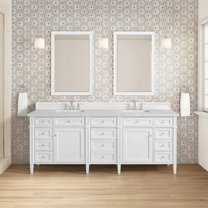 Renovate for Less Atlanta Brittany 84" Double Vanity, Bright White w/ 3 CM Eternal Jasmine Pearl Top w/FreePower Wireless Charger