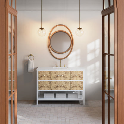 Renovate for Less Atlanta Olena 48" Single Vanity, Light Mappa Burl and Polished White w/ 3 CM White Zeus Silestone Top