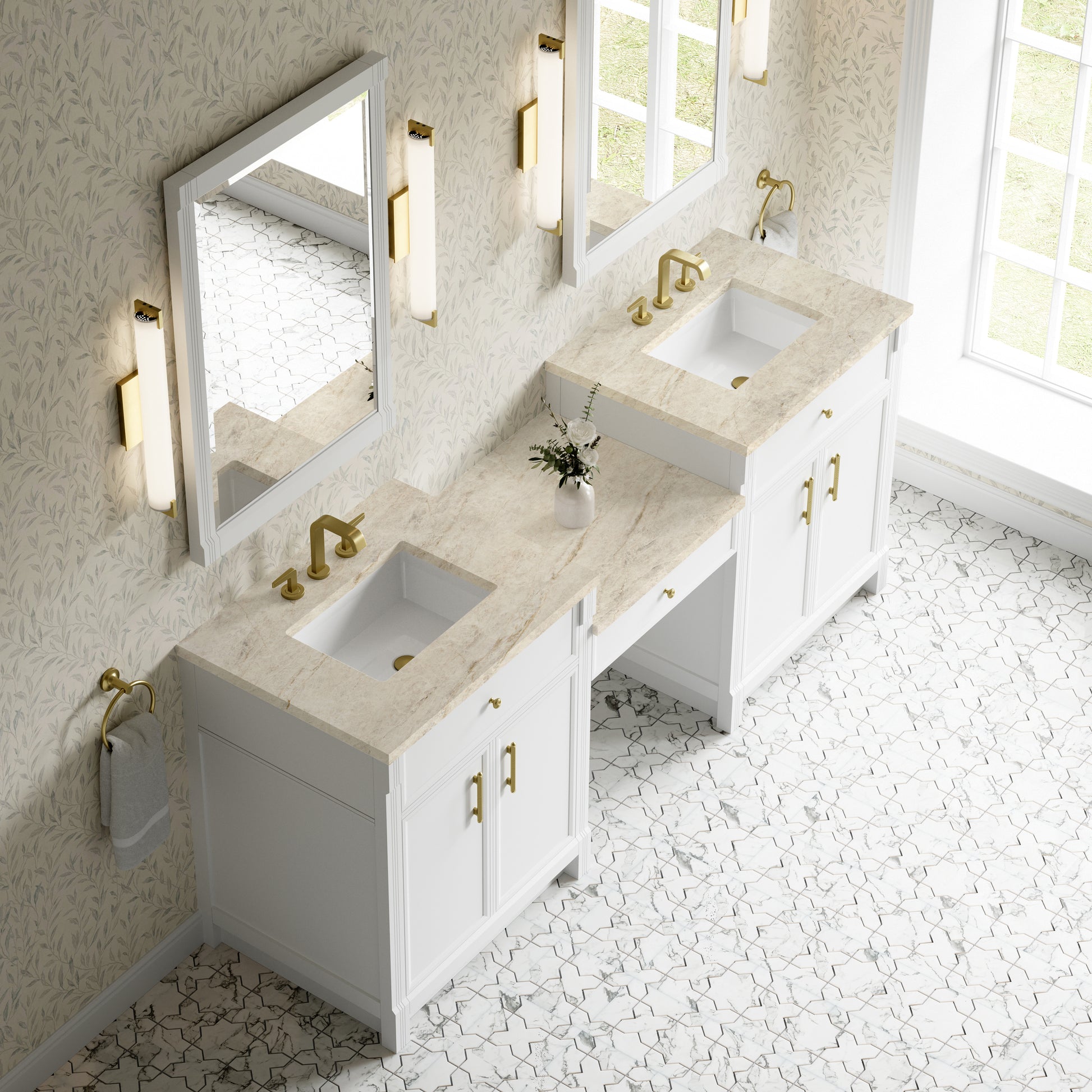 Renovate for Less Atlanta Bellshire 84" Dual Vanity Set with 24" Make-Up Counter, Bright White w/3 cm Tajnar Eclos Top