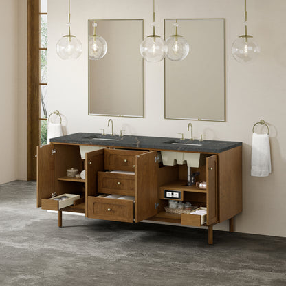 Renovate for Less Atlanta Laurent 72" Double Vanity, Honey Oak w/ 3 CM Parisien Bleu Silestone Top w/FreePower Wireless Charger