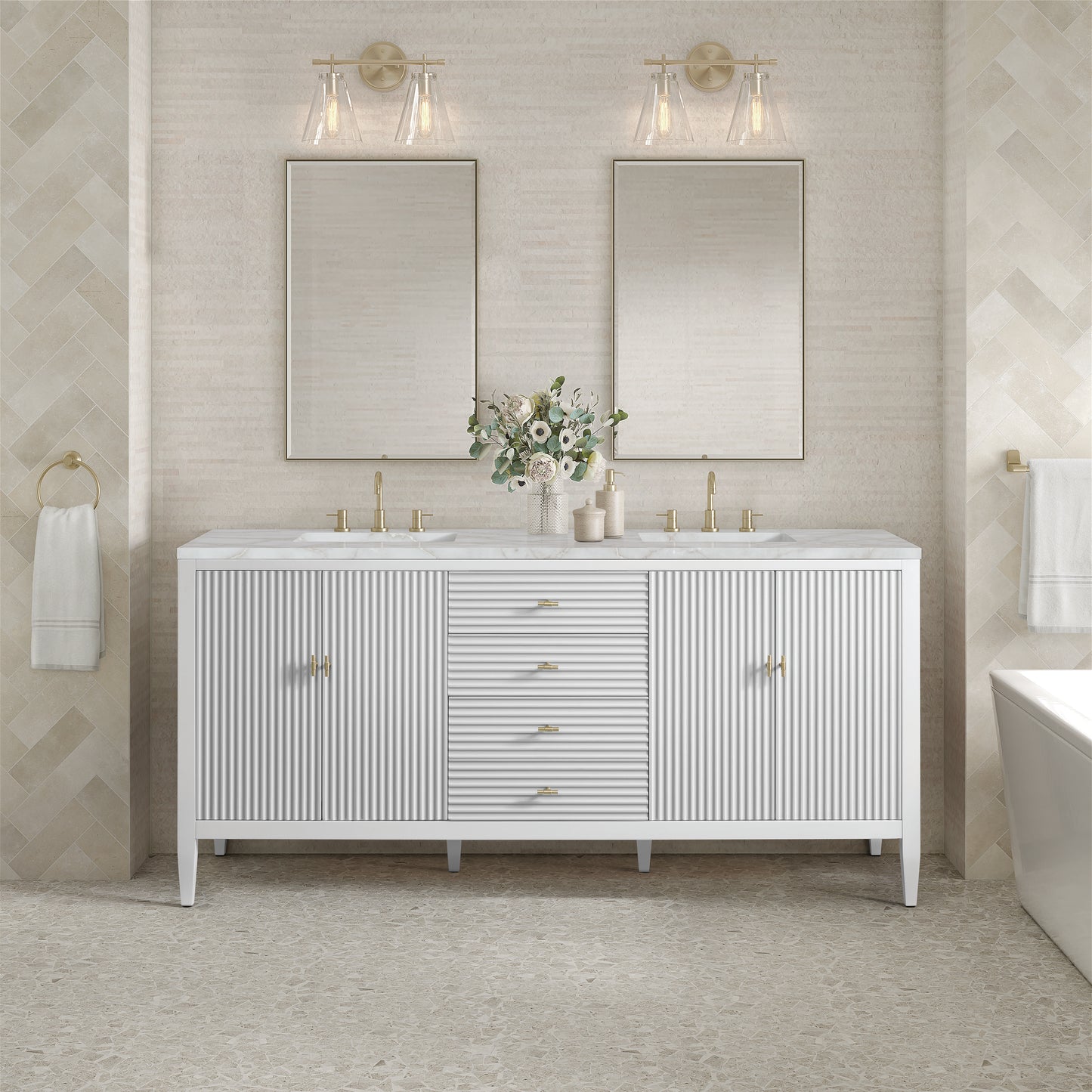 Renovate for Less Atlanta Myrrin 72" Double Vanity, Bright White w/ 3 CM Victorian Silver Silestone Top w/FreePower Wireless Charger