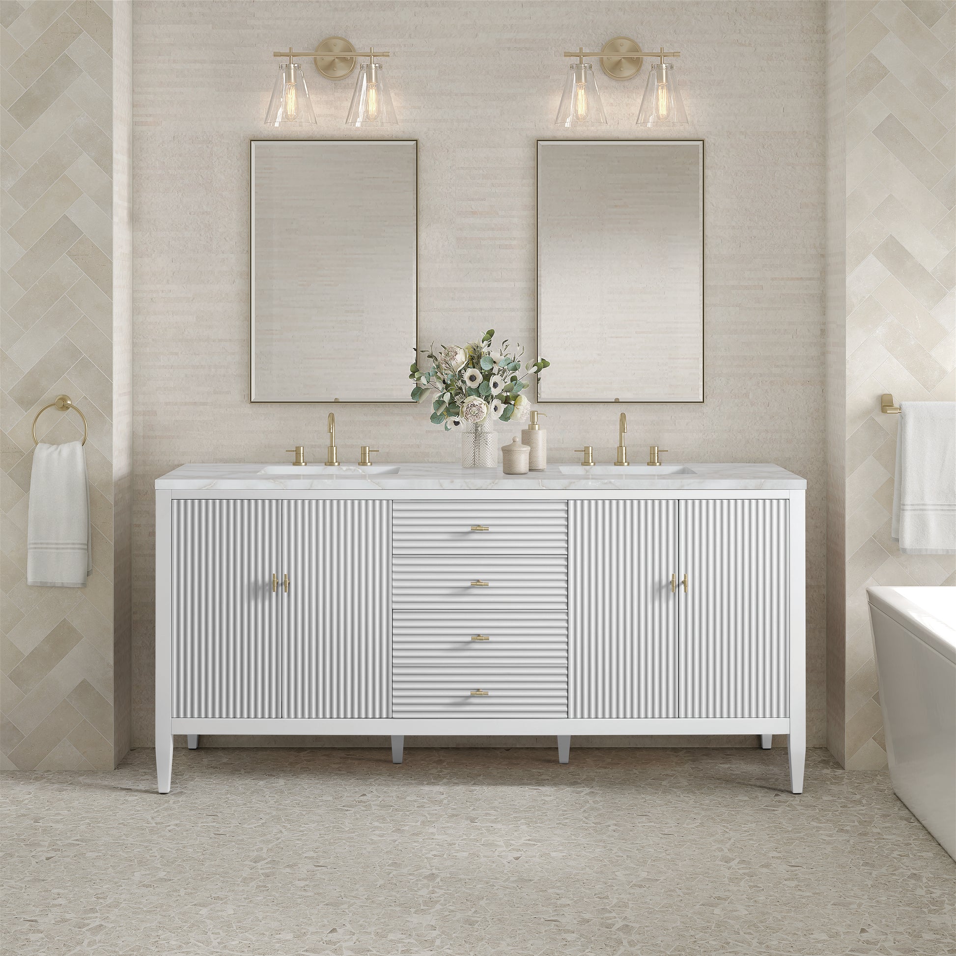 Renovate for Less Atlanta Myrrin 72" Double Vanity, Bright White w/ 3 CM Victorian Silver Silestone Top w/FreePower Wireless Charger