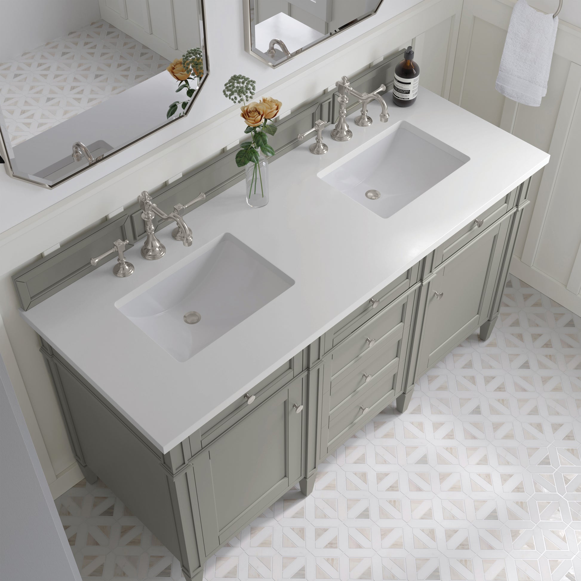 Renovate for Less Atlanta Brittany 60" Double Vanity, Urban Gray w/ 3 CM White Zeus Silestone Top