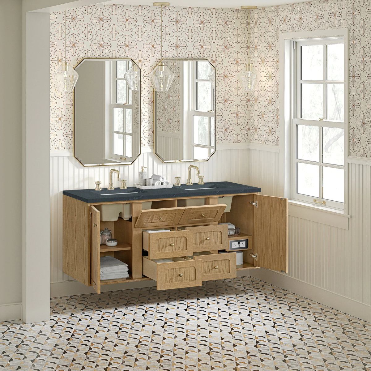 Laurent 60" Double Vanity, Light Natural Oak, w/ 3 CM Charcoal Soapstone Quartz Top