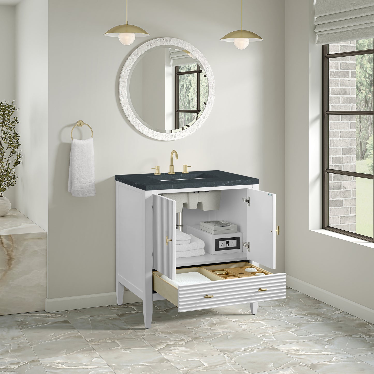 Renovate for Less Atlanta Myrrin 30" Single Vanity, Bright White w/ 3 CM Charcoal Soapstone Silestone Top