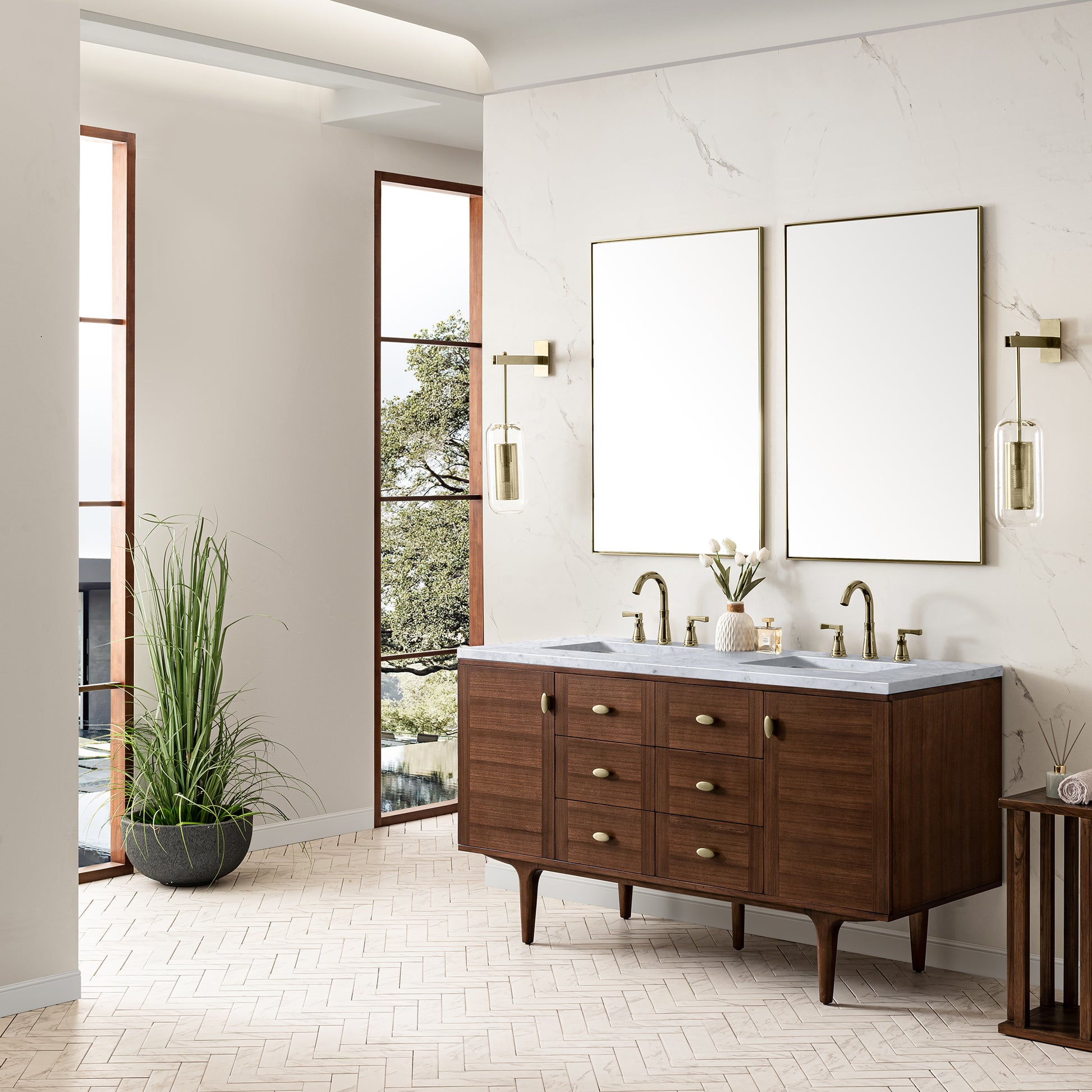 Renovate for Less Atlanta Amberly 60" Double Vanity, Mid-Century Walnut w/ 3 CM Carrara Marble Top