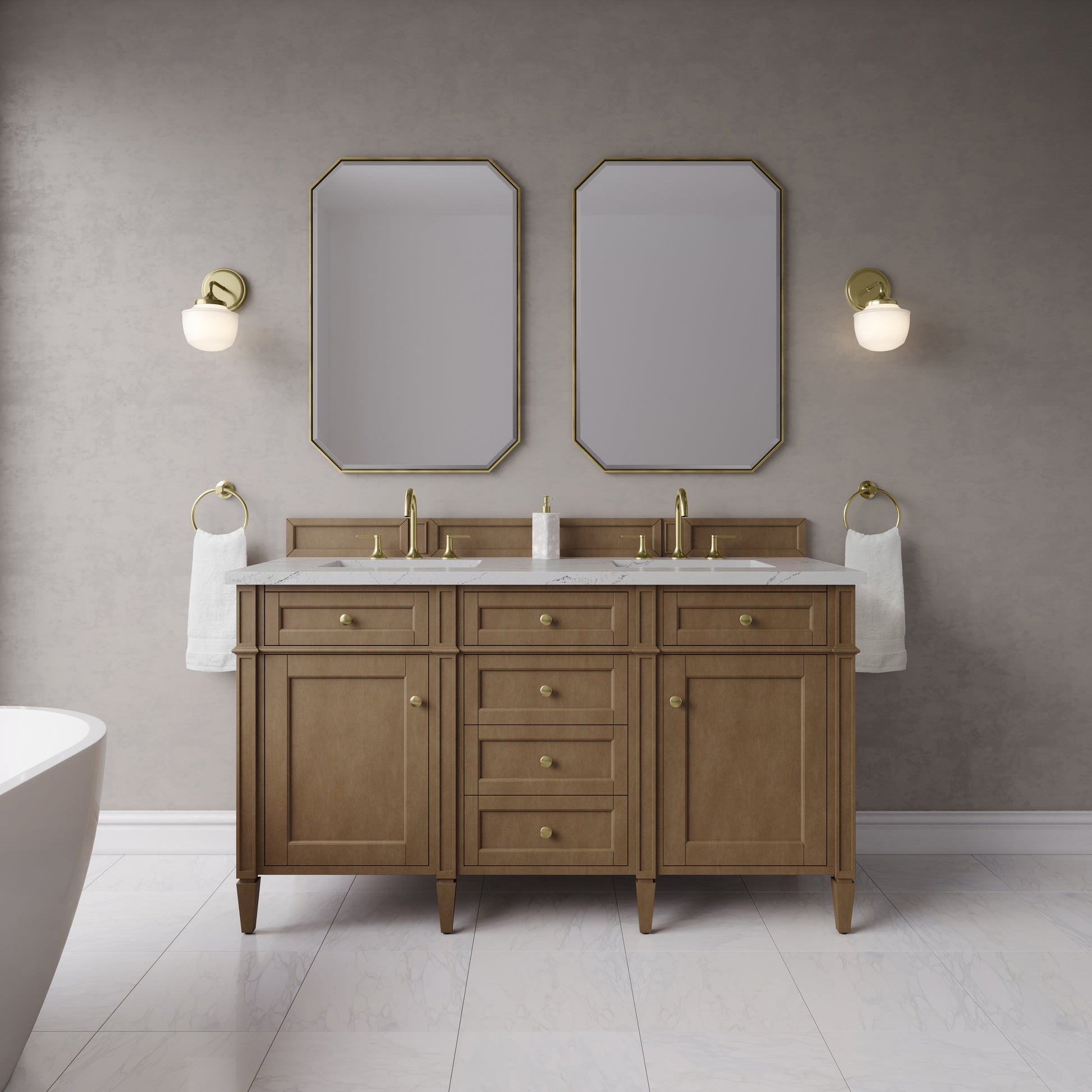 Renovate for Less Atlanta Brittany 60" Double Vanity, Pecan w/ 3 CM Ethereal Noctis Silestone Top